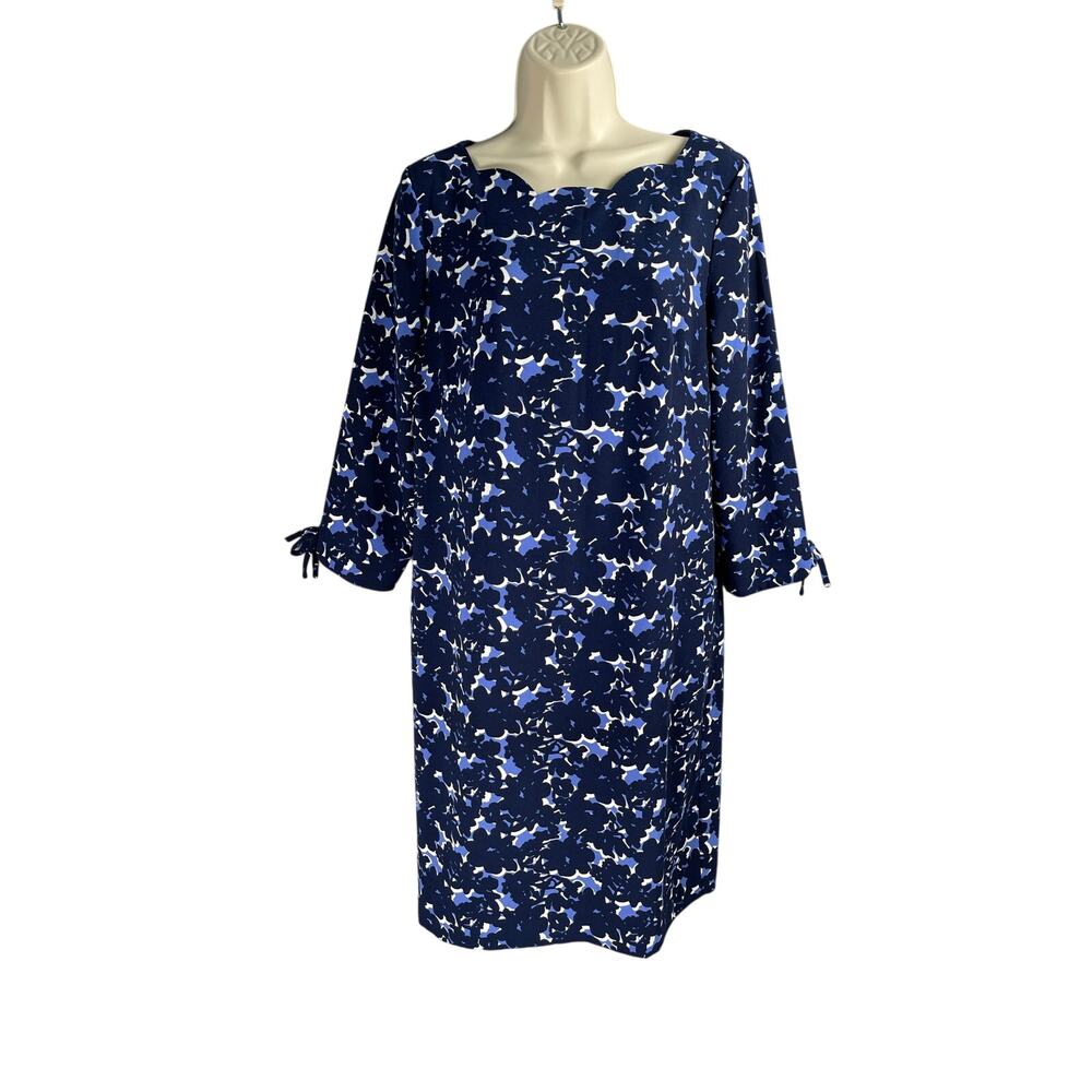 Talbots Womens Blue Floral Scalloped Neck Sheath Dress Size 8 Tie Sleeve Lined